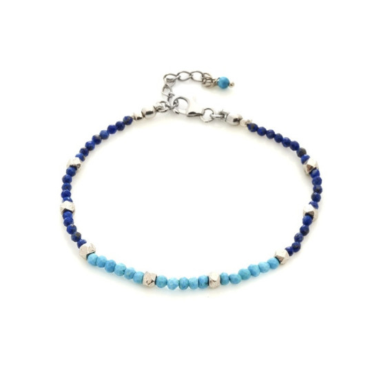 Bracelet en saphire et turquoise, argent 925 rhodié, longueur ajustable 16+3 cm