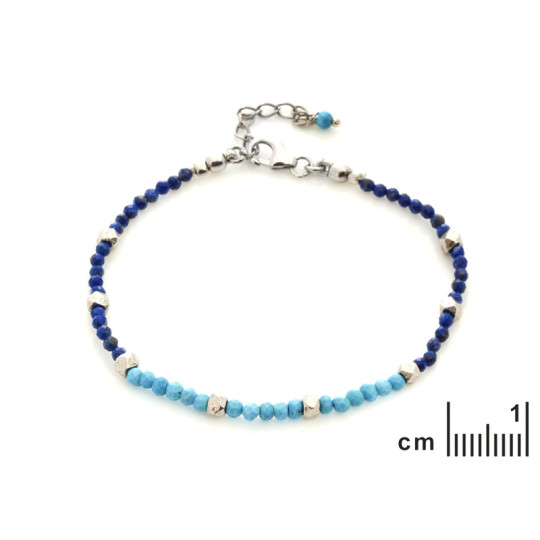 Bracelet en saphire et turquoise, argent 925 rhodié, longueur ajustable 16+3 cm