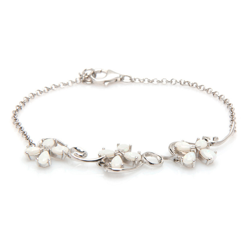 Pulsera de flor de ópalo blanco, plata 925 rodiada, ajustable 18+1 cm