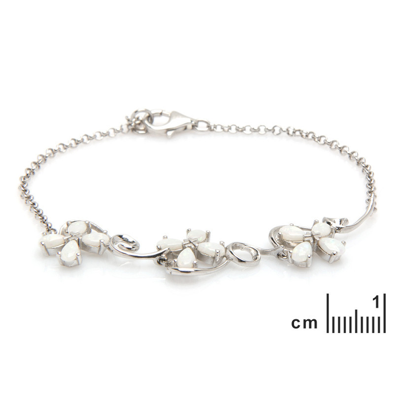 Pulsera de flor de ópalo blanco, plata 925 rodiada, ajustable 18+1 cm