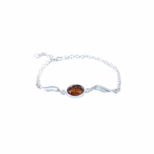 Bracciale in ambra cognac, argento 925, lunghezza regolabile 16+3 cm