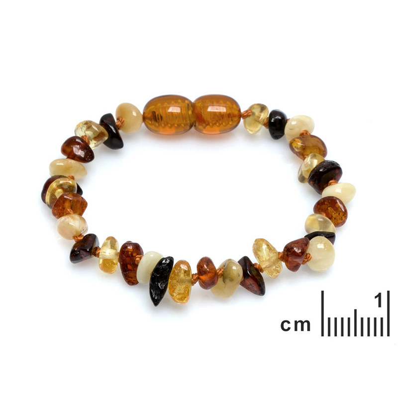 Bracciale per noenati in scaglie di ambra multicolore, chiusura a vite, lunghezza 12-13 cm