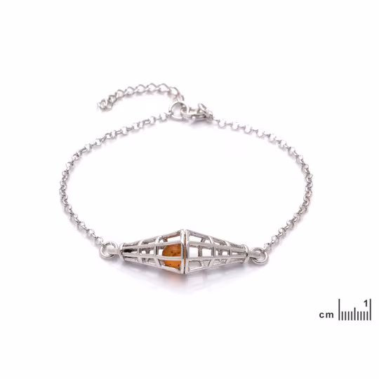 Bracelet in cognac amber, rhodium-plated 925 silver, adjustable 17+3 cm