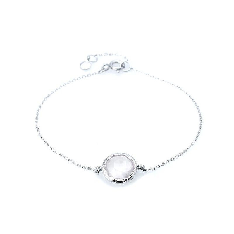 Pulsera de cuarzo rosa, plata 925 rodiada, largo ajustable 16+2 cm
