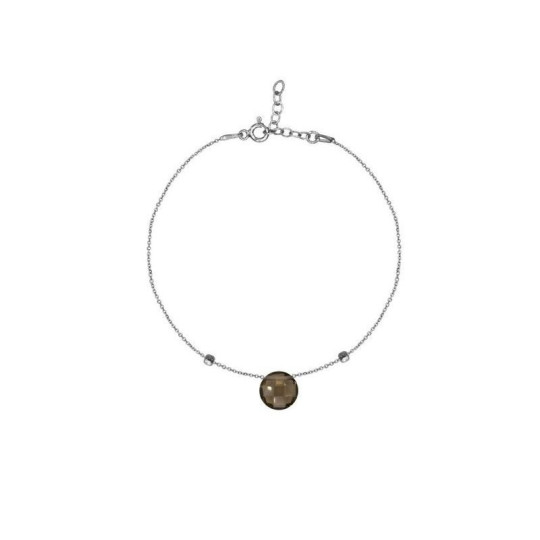 Bracelet en quartz fumé brun, argent 925 rhodié, longueur ajustable 16+3 cm