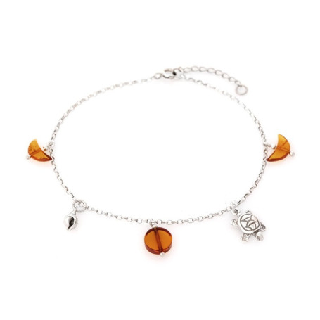 Pulsera de tortuga en ámbar coñac, plata 925 rodiada, largo ajustable 23+4 cm