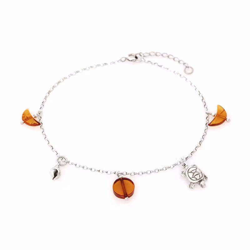 Turtle bracelet in cognac amber, rhodium-plated 925 silver, adjustable length 23+4 cm