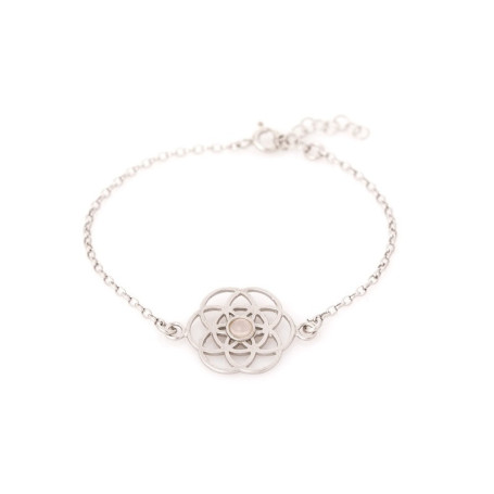 Pulsera Flor de la Vida en cuarzo rosa, plata 925 rodiada, ajustable 16+3 cm